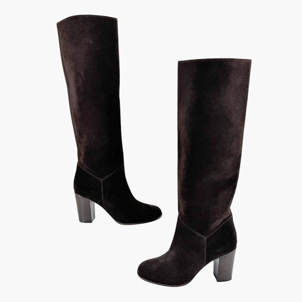 Chanel CC Dark Brown Suede Knee High Riding Boots Block Heel Size 37 US 6-6.5 - Picture 8 of 13
